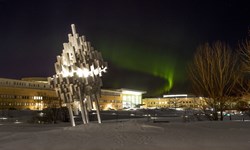 Northern lights over the main campus of Umeå University