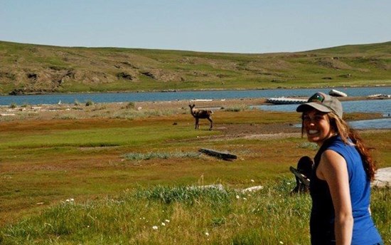 Jodi with a caribou, Herschel Island