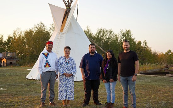 Researchers from Onion Lake Cree Nation, Ralph Morin and Dolores Pahtayken (left), stand with researchers from Pewaseskwan (the Indigenous Wellness Research Group), Jarrett Crowe (centre), Anne Mease (second from the right), and Luke Heidebrecht (right)  PHOTO: Jarrett Crowe