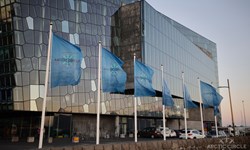 Arctic Circle flags in front of Harpa Conference Centre in Reykjavik, Iceland in 2021  PHOTO: Arctic Circle