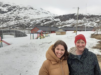 Kirsten and Liz outside the school in Ersfjordbotn.