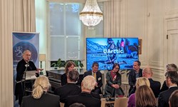 Panel discussion at the event at the Finnish Ambassador's Residence in London, November 21, 2023. Moderator on the podium: Outi Snellman. Panelists from left to right: Anni Pokela, Shaun Fitzgerald, Åsa Larsson Blind, Keith Larson. 