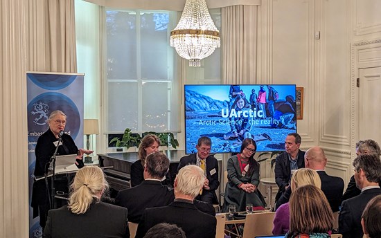 Panel discussion at the event at the Finnish Ambassador's Residence in London, November 21, 2023. Moderator on the podium: Outi Snellman. Panelists from left to right: Anni Pokela, Shaun Fitzgerald, Åsa Larsson Blind, Keith Larson. 