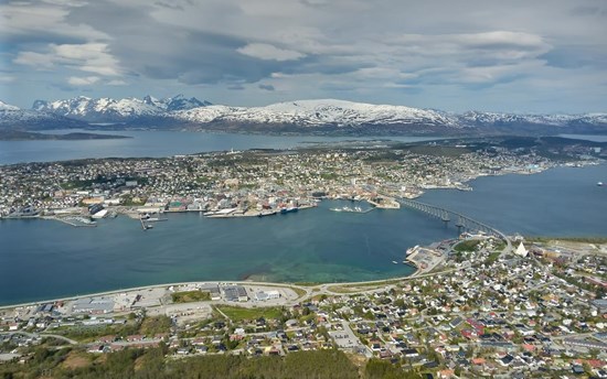 Tromsø. Akvaplan Niva´s Headquarters can be seen on the island´s embankment, to the left. University of Tromsø is visible all the way to the right.  PHOTO: ©Judith Y.A. Maréchal