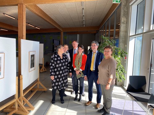 Opening of the exhibition 'Arctic Twilight, pastels by Jean Malaurie' at the University of Greenland in Nuuk, 2 May 2023. From left to right: Gitte Adler Reimer, Rector of the University of Greenland; Joanna Kodzik (MIARC), Jan Borm (MIARC and UArctic Chair in Arctic Humanities), Catherine Billard, 1st Vice-President UVSQ ; Alain Bui, President of UVSQ;  Paneeraq Siegstad Munk, Bishop of Greenland.